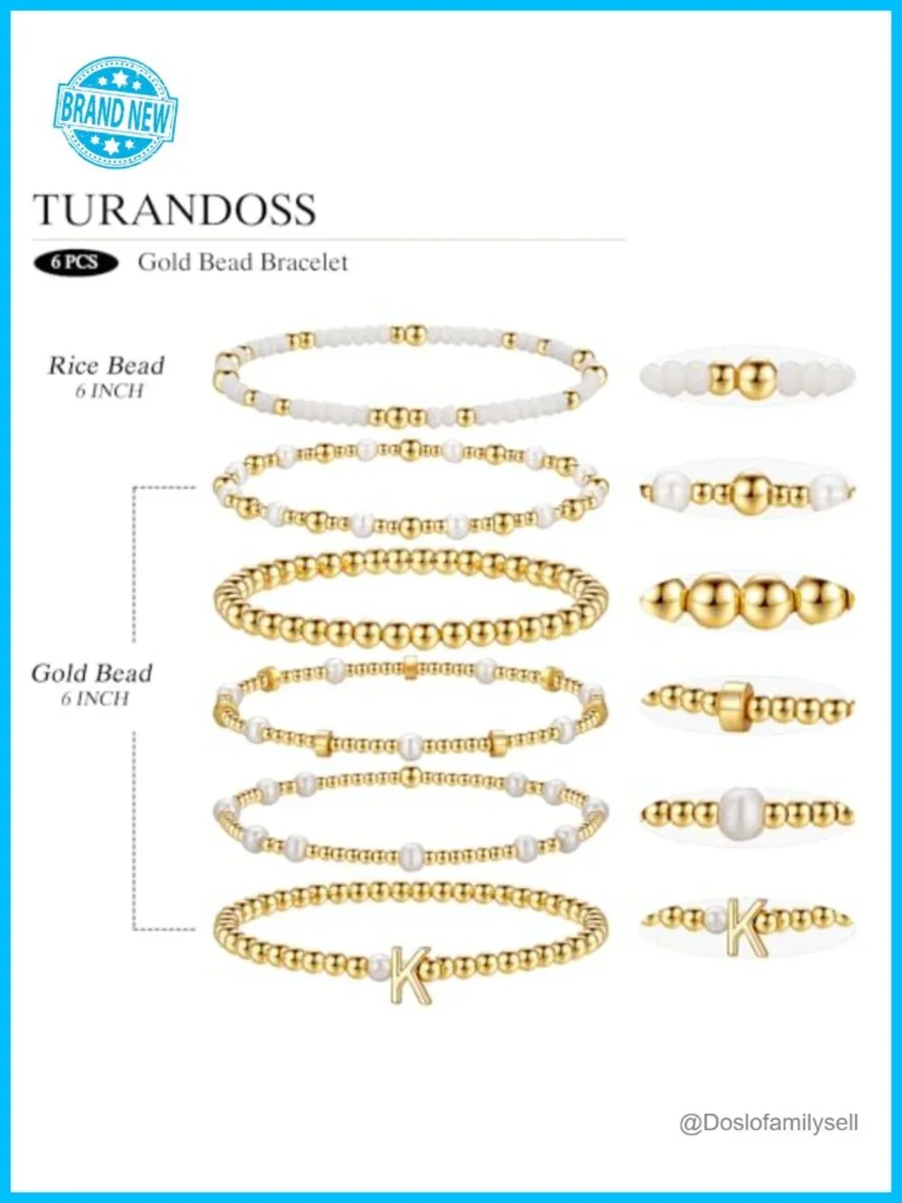 18K Gold Plated Beaded Initial Bracelet Set 6PCS Stackable Stretch Bracelets